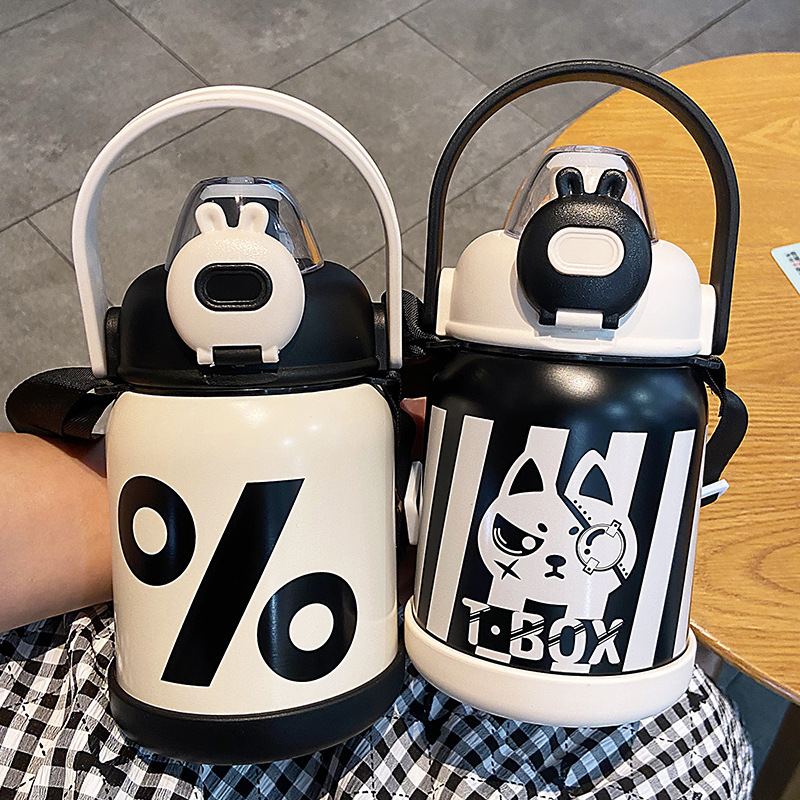 Large Capacity Cartoon 316 Stainless Steel Thermos Cup Children‘s Shoulder Strap Big Belly Kettle Student School Portable Cup with Straw