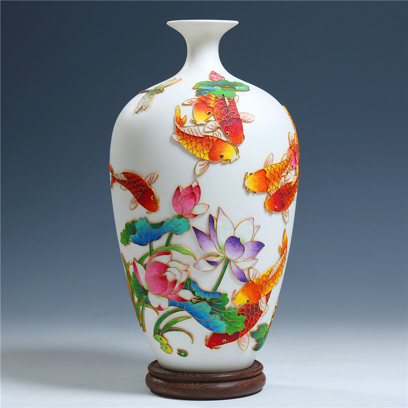 上美陶瓷13吋年年有鱼花瓶插花现代简约家居干花装饰品瓷器瓷瓶子