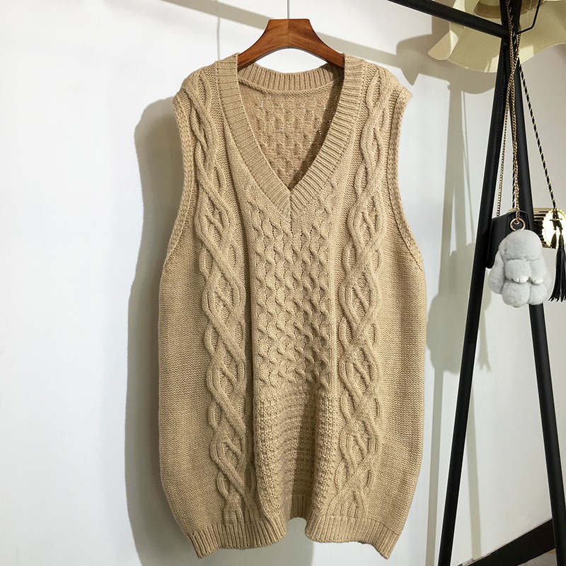 麻花针织马甲女毛衣长款秋冬新款韩版宽松无袖针织衫毛线背心坎肩