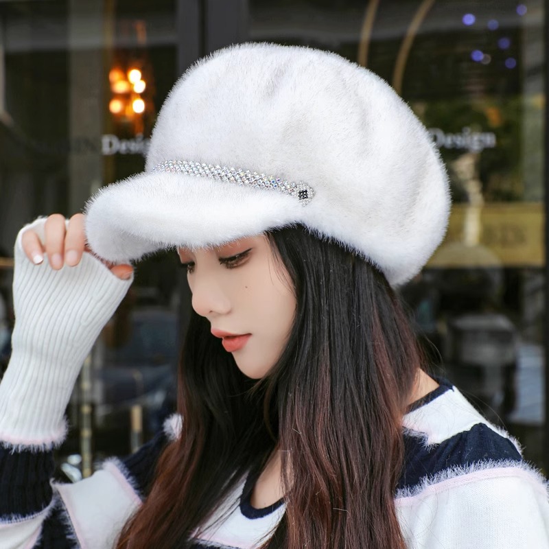 秋冬贝雷鸭舌帽女韩版仿貂毛保暖护耳帽百搭休闲复古八角帽画家帽