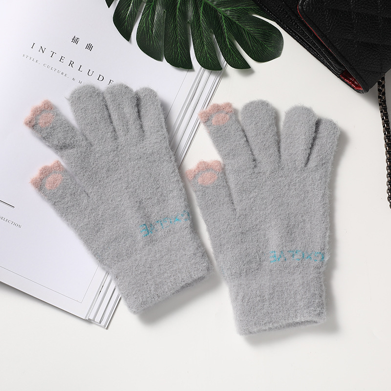 Winter Women's Touch Screen Gloves Fleece-Lined Cold-Proof Warm Gloves Cute Style Windproof Knitted Gloves 