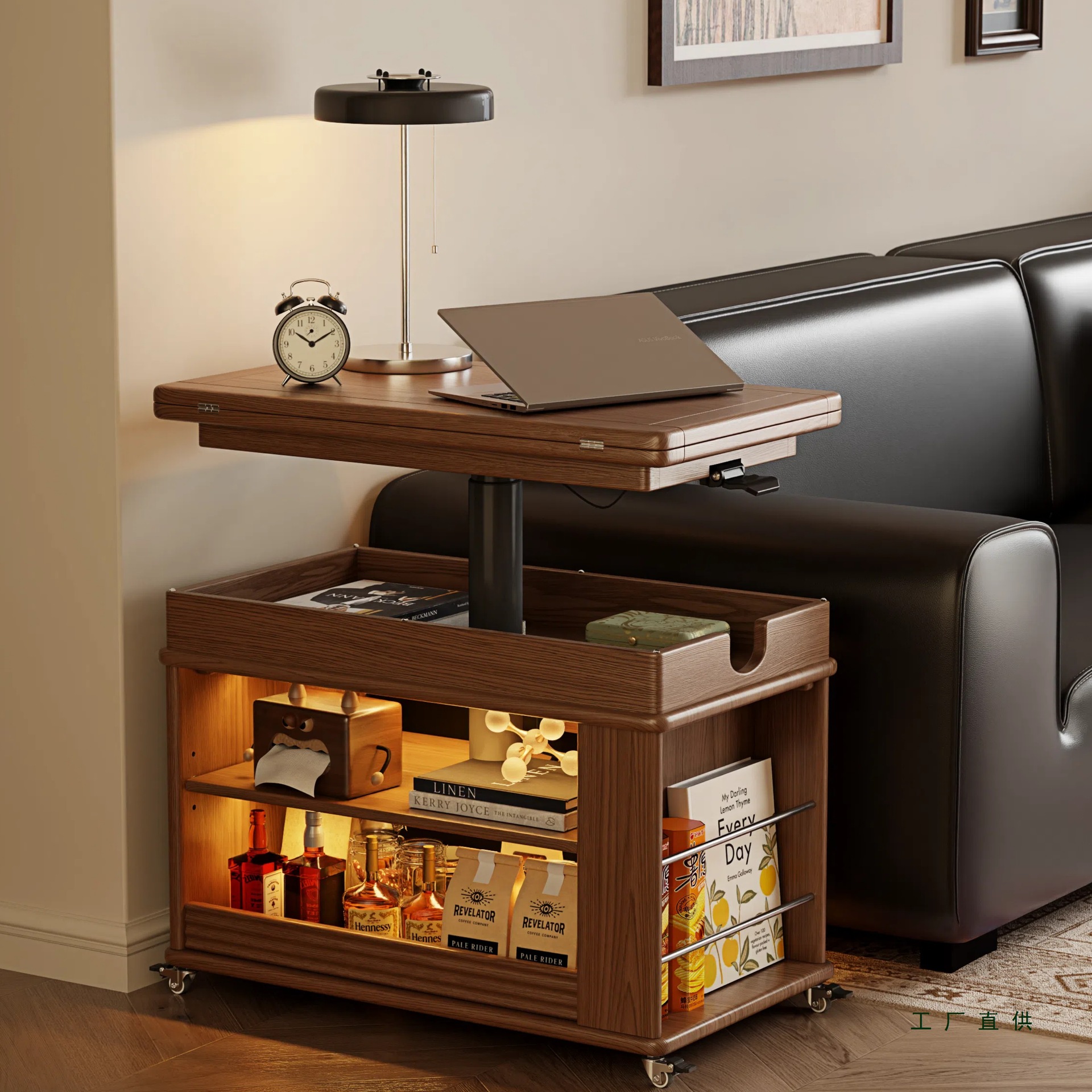 可移动折叠边柜升降小推车小户型客厅茶几多功能边几实木茶桌