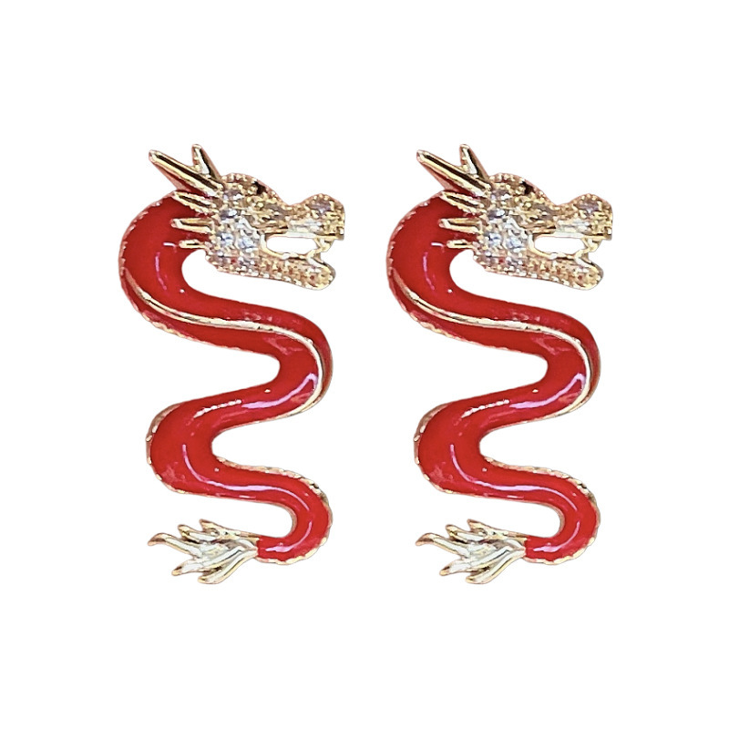 Silver Needle National Fashion Red Diamond Embedded Zodiac Dragon Earrings Temperamental Personalized and All-Match Earrings New Year Red Vintage Earrings Women