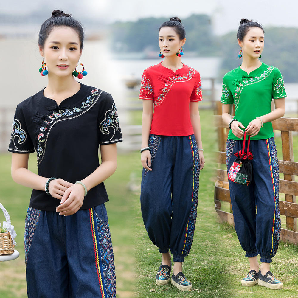 缅甸泰国云南广西少数民族风夏季短袖刺绣唐装修身复古棉t恤上衣