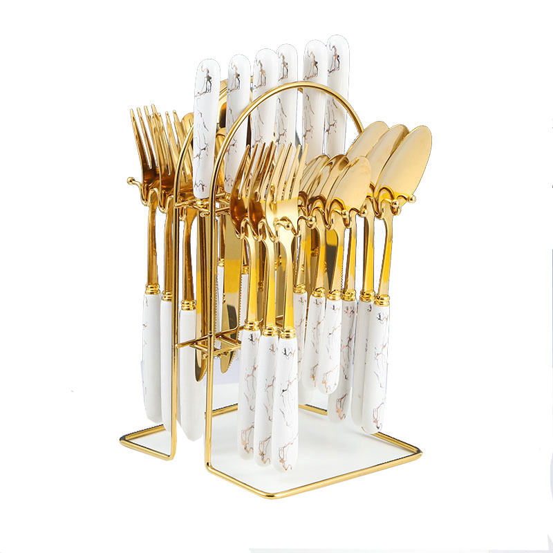 Marbling 24-Piece Tableware Rack Ceramic Handle Knife, Fork and Spoon Tableware Gift Box Set Western Food Nordic Style Tableware