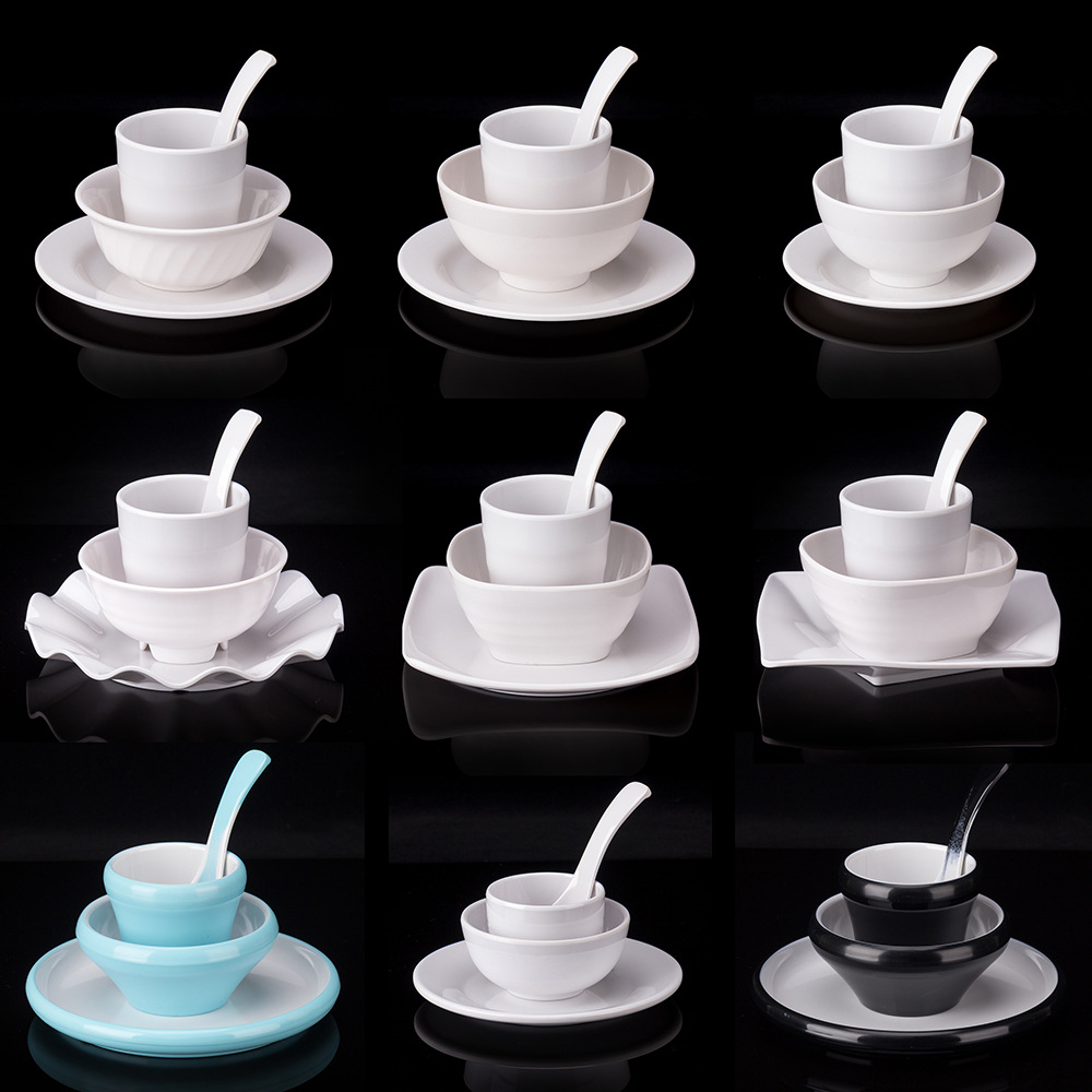 密胺中式简约摆台餐具酒店火锅店餐厅商用碗碟勺杯子仿瓷四件套装