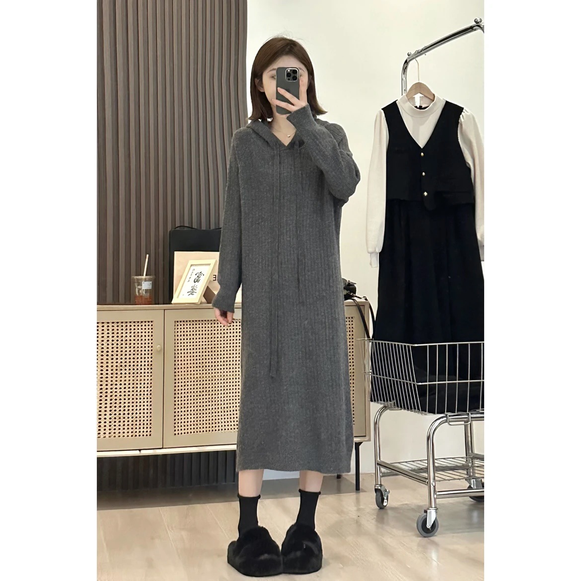 Women's Long Base Knitting Dress Autumn and Winter New Match with Coat Inner Wear Loose and Idle Hooded Sweater Woolen Skirt