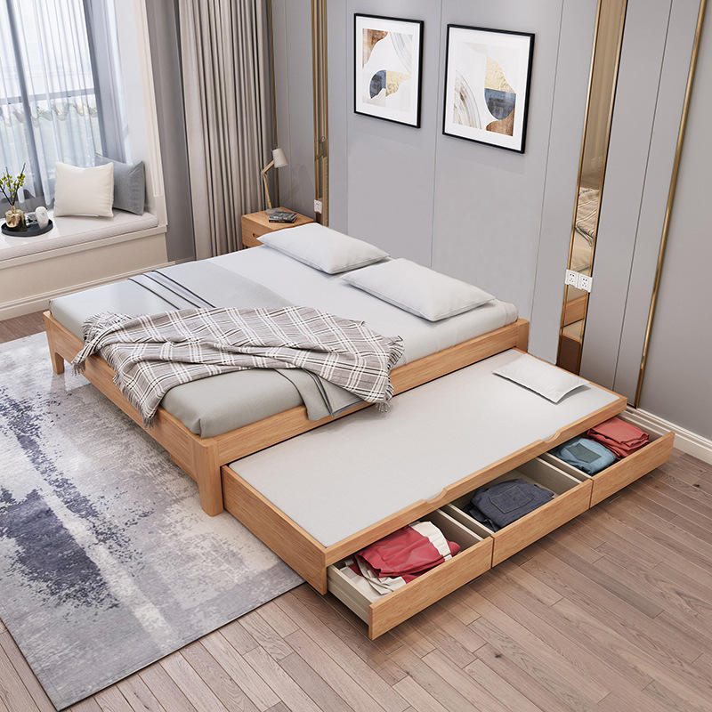 无床头榻榻米床子母床拖床储物抽屉床榉木实木床抽拉床可分可合床