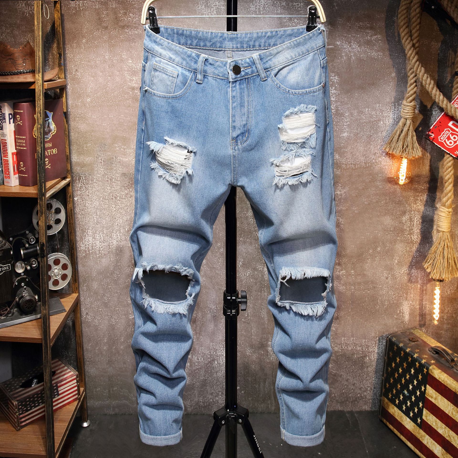 春夏新款破洞牛仔裤男浅色男士牛仔裤时尚潮流亚马逊爆款男裤2017