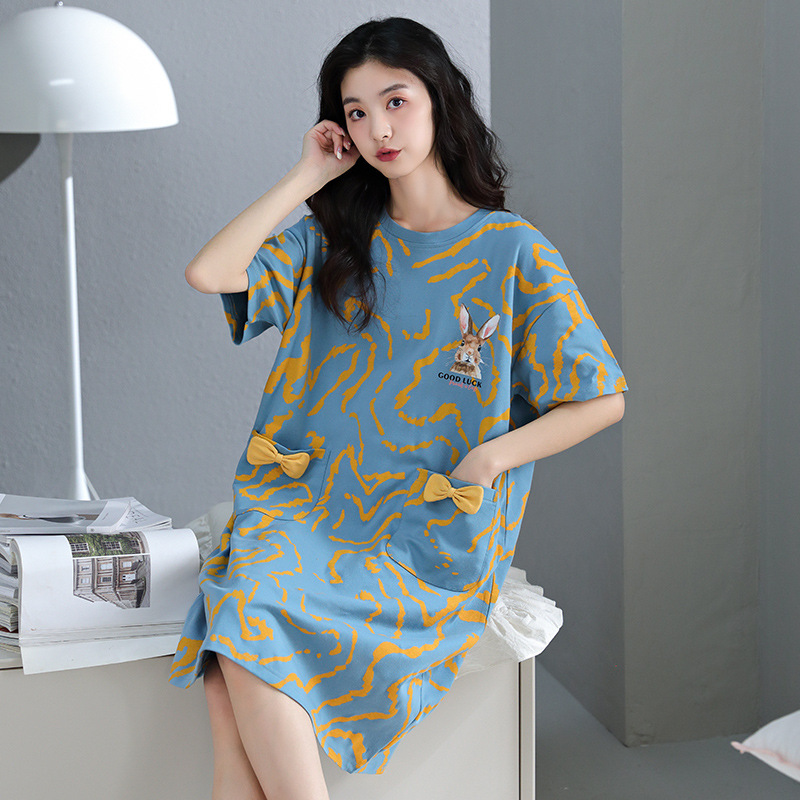 New Cotton Nightdress Women's Summer Short-Sleeved Dress Cartoon Student Ins Good-looking Summer Pajamas Home Wear