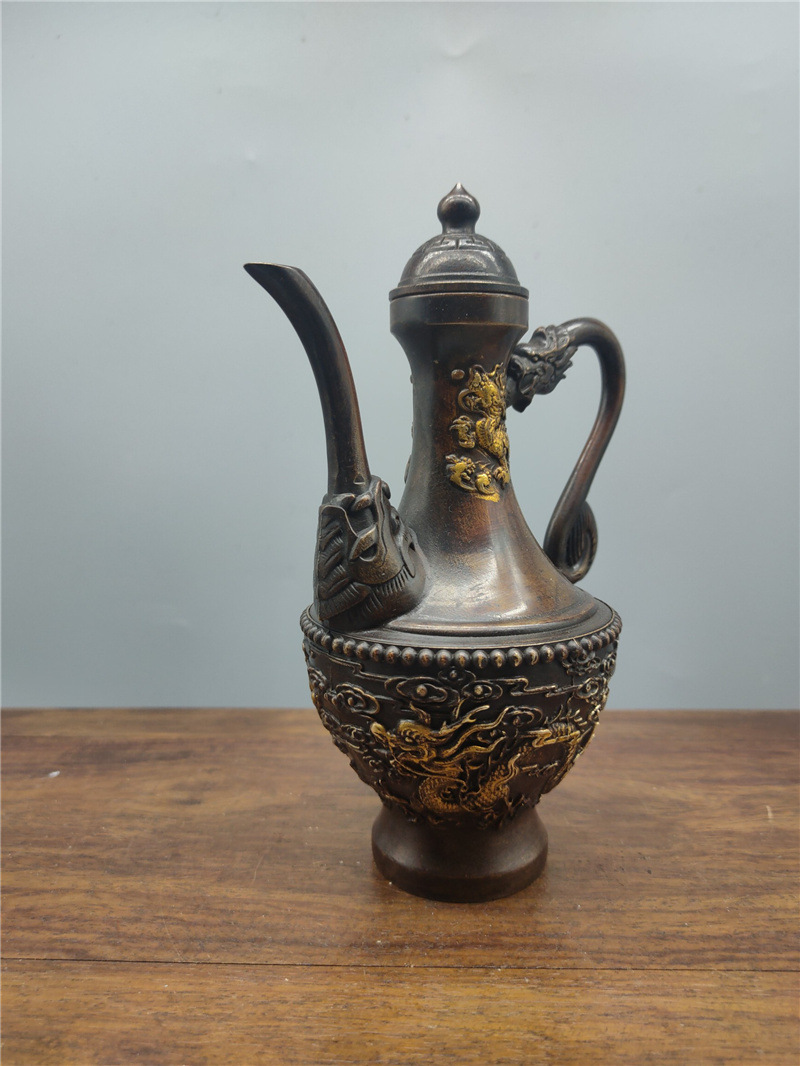 黄铜龙凤酒壶摆件紫铜色鎏金酒壶家居办公仿古做旧工艺品商务礼品