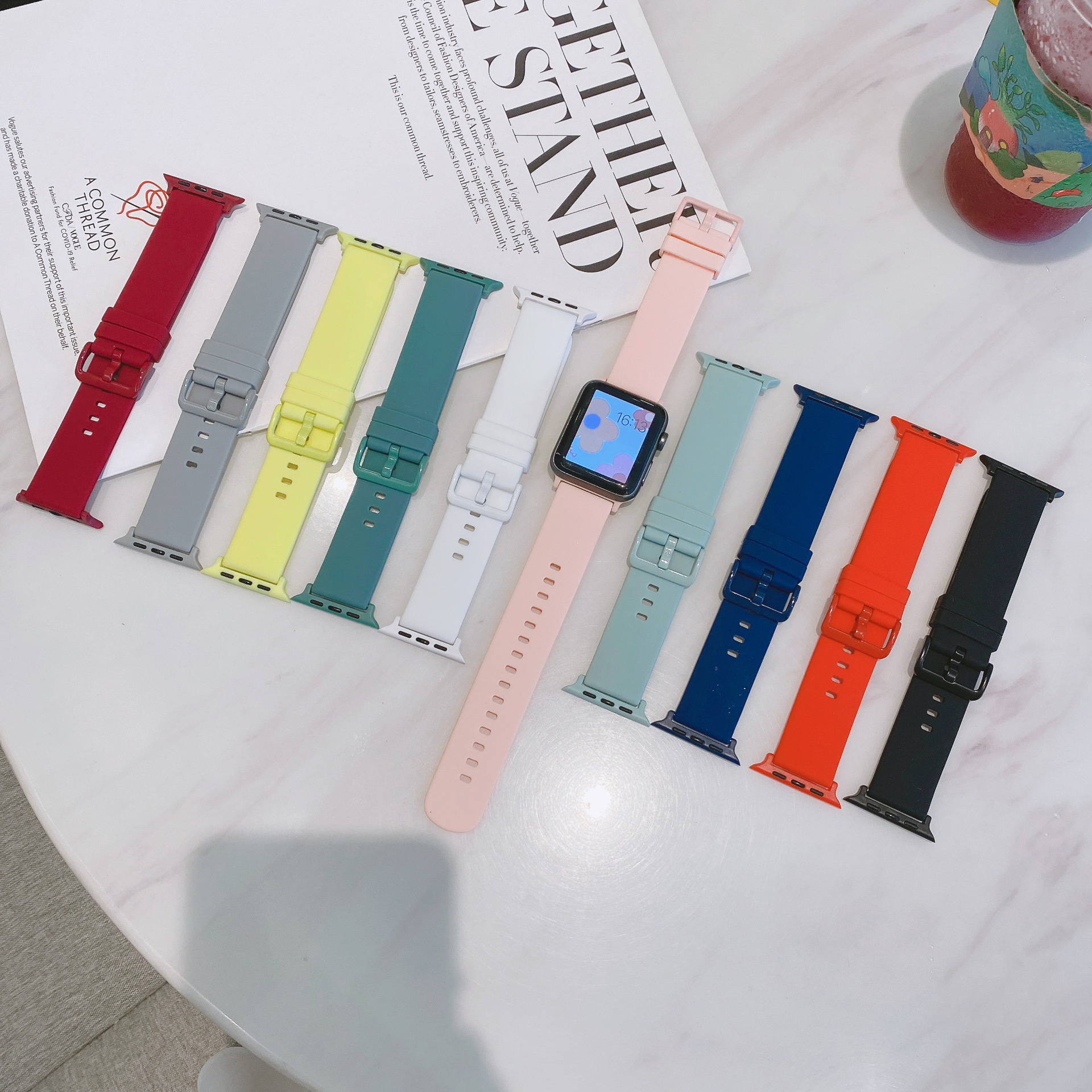 适用apple watch9代硅胶表带苹果se45678代ultra同色扣糖果色腕带