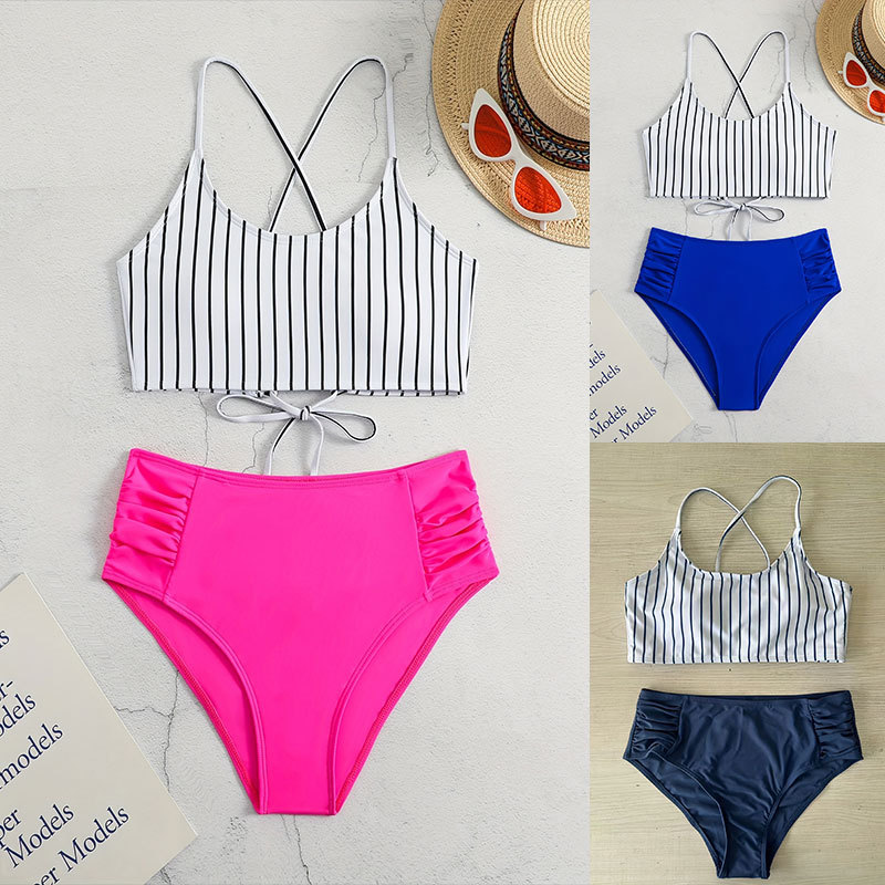 2024新款速卖通条纹抹胸透气性感比基尼欧美高腰三角裤分体泳衣女