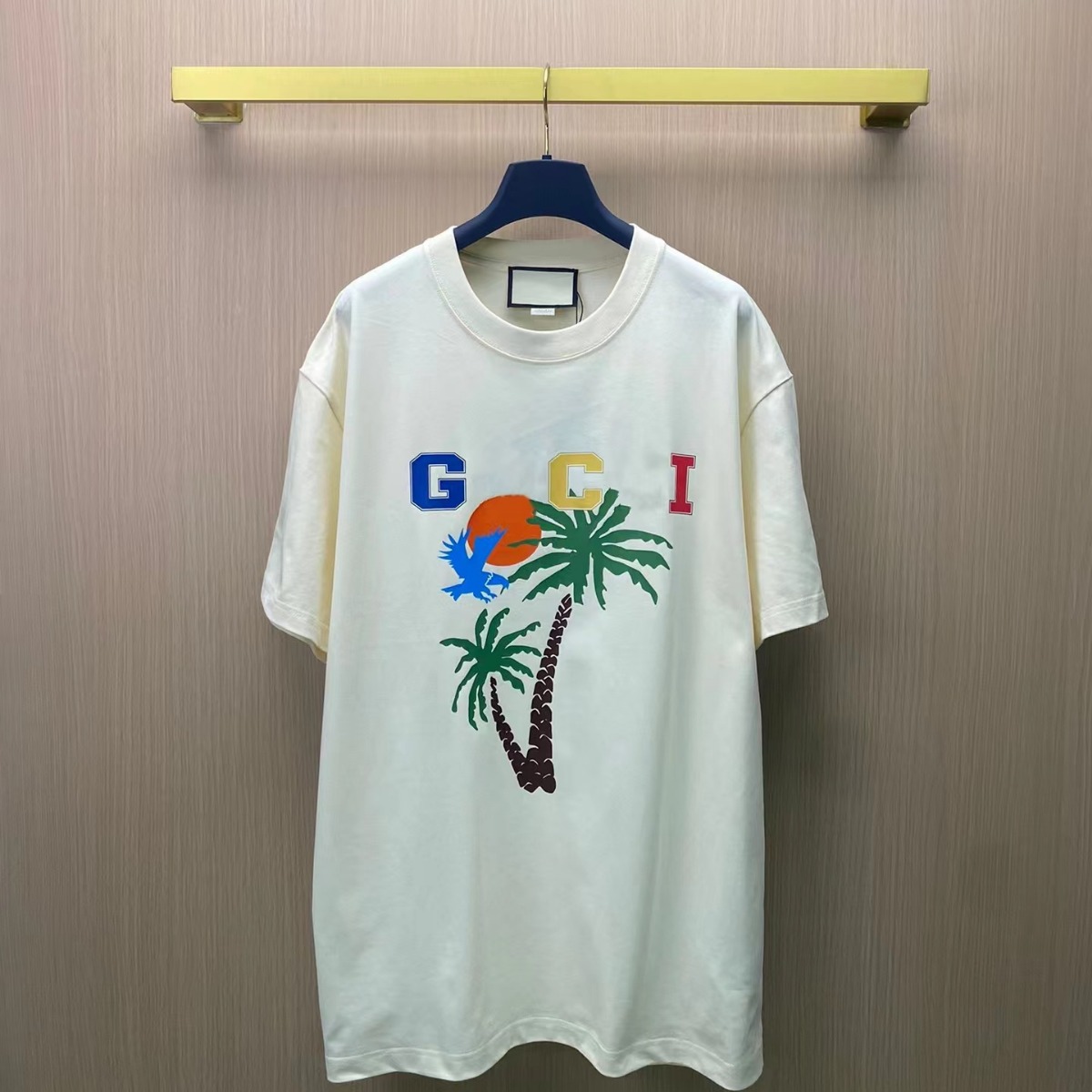 彩色日落椰子树字母短袖