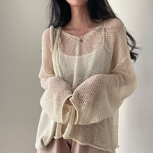 韩国chic夏季法式复古慵懒风宽松长袖镂空薄款防晒针织衫上衣女