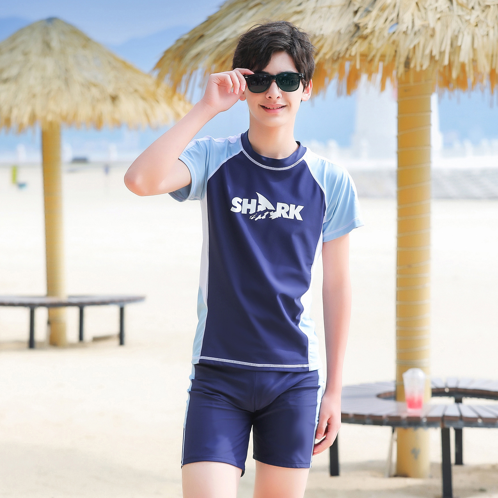 拼色男童泳衣套装分体半袖平角裤大码中大童速干青少年胖男孩泳裤