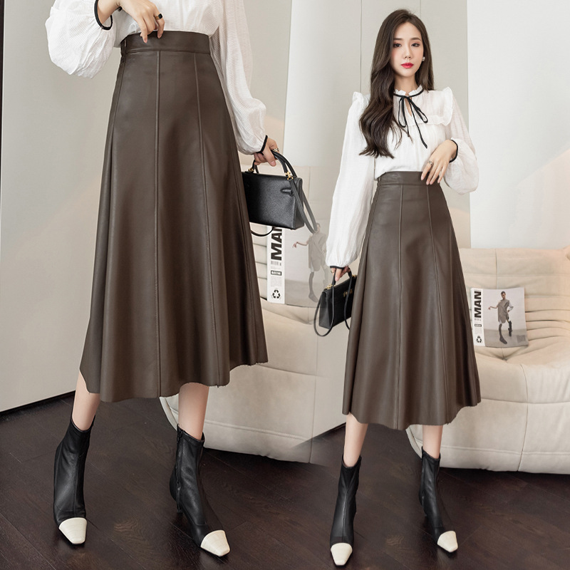 Black Leather Skirt Skirt Mid-Length A- line Skirt Autumn 2023 New Women's Hip Skirt High Waist Umbrella Skirt Skirt