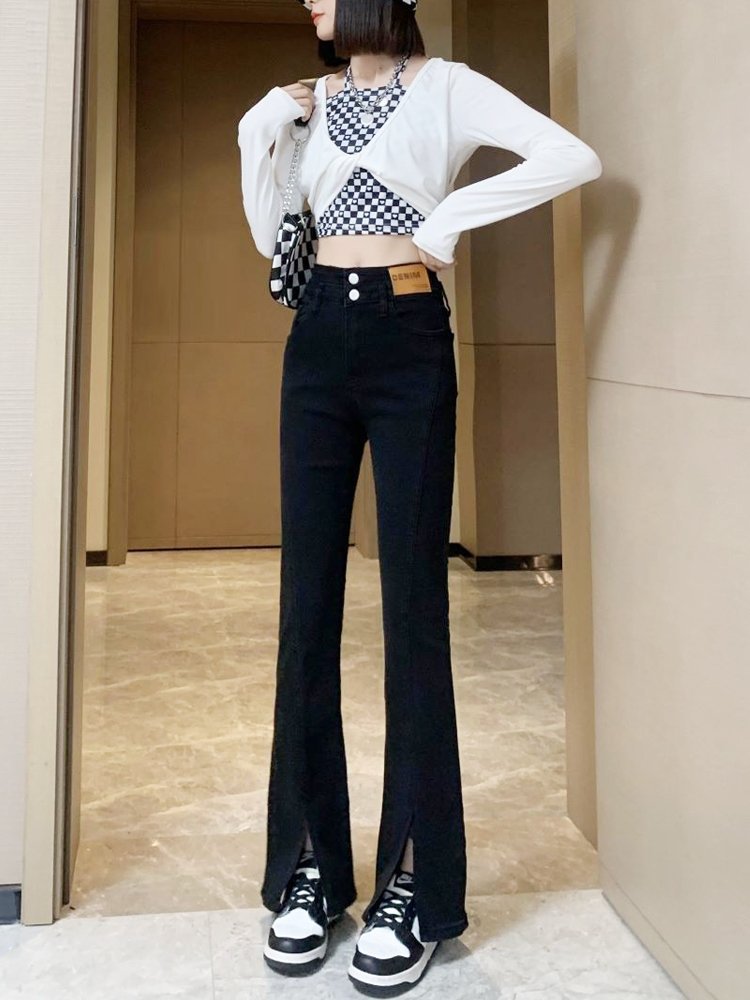 黑色微喇开叉裤女2022年春款拖地鱼尾裤高腰显瘦直筒喇叭裤子9987