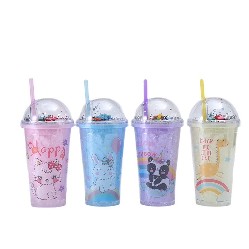 Summer Creative Cartoon Pattern Crushed Ice Cup Cute Design Cup with Straw Portable Double Layer Plastic Drink Cup Wholesale