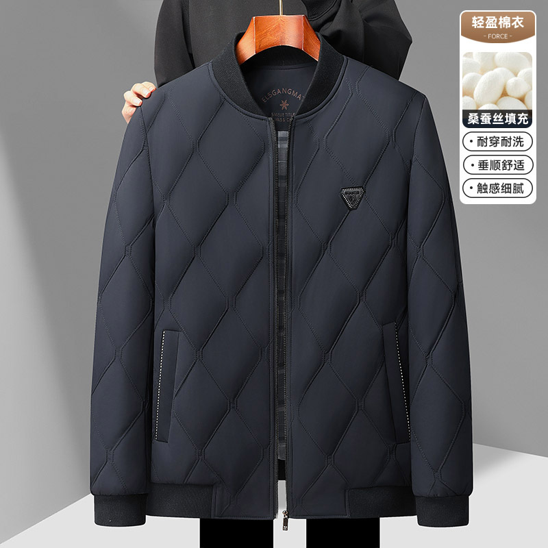 桑蚕丝男式棉服外套中年商务休闲棒球领薄款棉衣高端男装男士棉袄