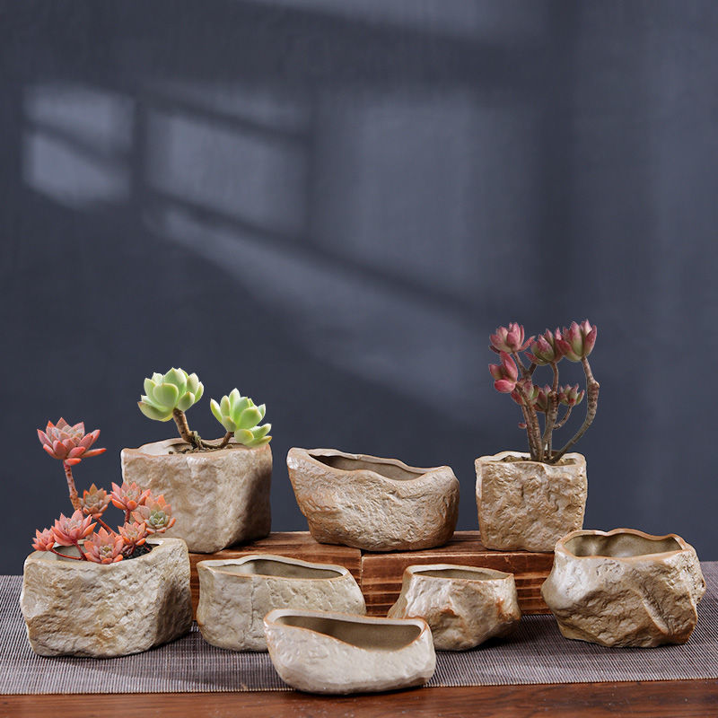 多肉盆陶瓷多肉植物复古石头花盆新款简约促销清新小号盆栽拇指