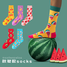 袜子女水果秋冬款长筒袜卡通西瓜草莓运动棉袜高筒袜新疆棉堆堆袜