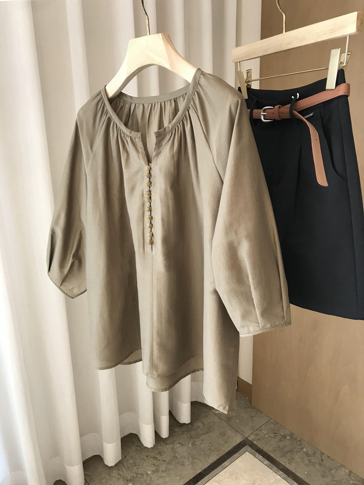 I Really Love This Tone! French Style Light National Style ~ Handmade Brocade Ball Buckle Retro Loose Tencel Shirt Female Summer