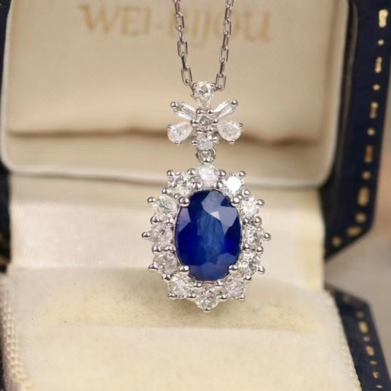 天然斯里兰卡蓝宝石吊坠皇家蓝钻石群镶18k金蓝宝石项链au750彩宝