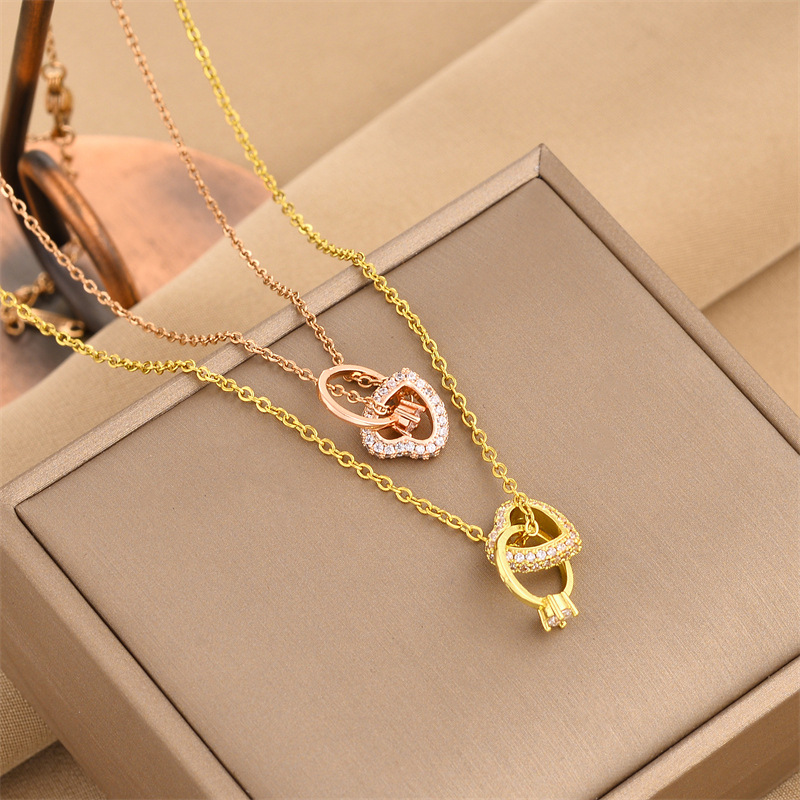 Necklace Europe and America Cross Border New Fresh Diamond-Embedded Heart-Shaped Ring Pendant Titanium Steel Necklace Women's Non-Fading Ornament