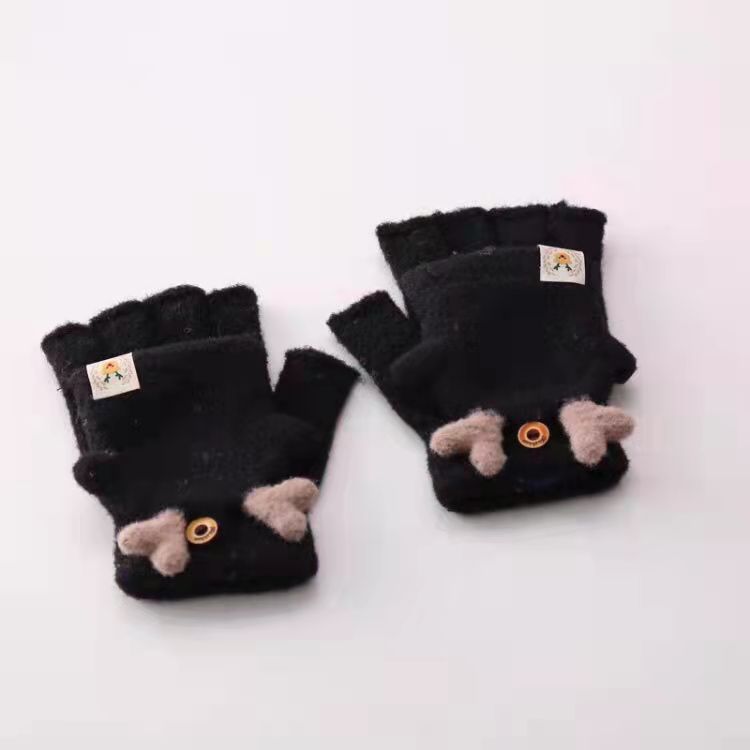 Student Half Finger Gloves Cute Deer Horn Flip Fleece Lined Padded Warm Gloves Cycling Gloves