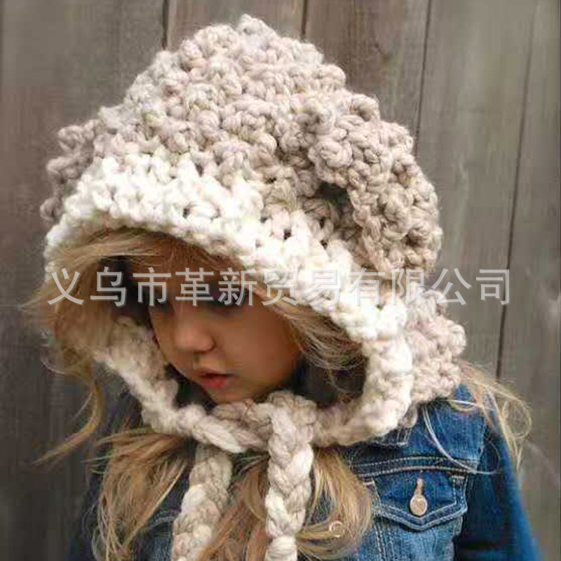 跨境纯手工编织毛线保暖帽子围巾套装 可爱俏皮儿童帽子针织帽子