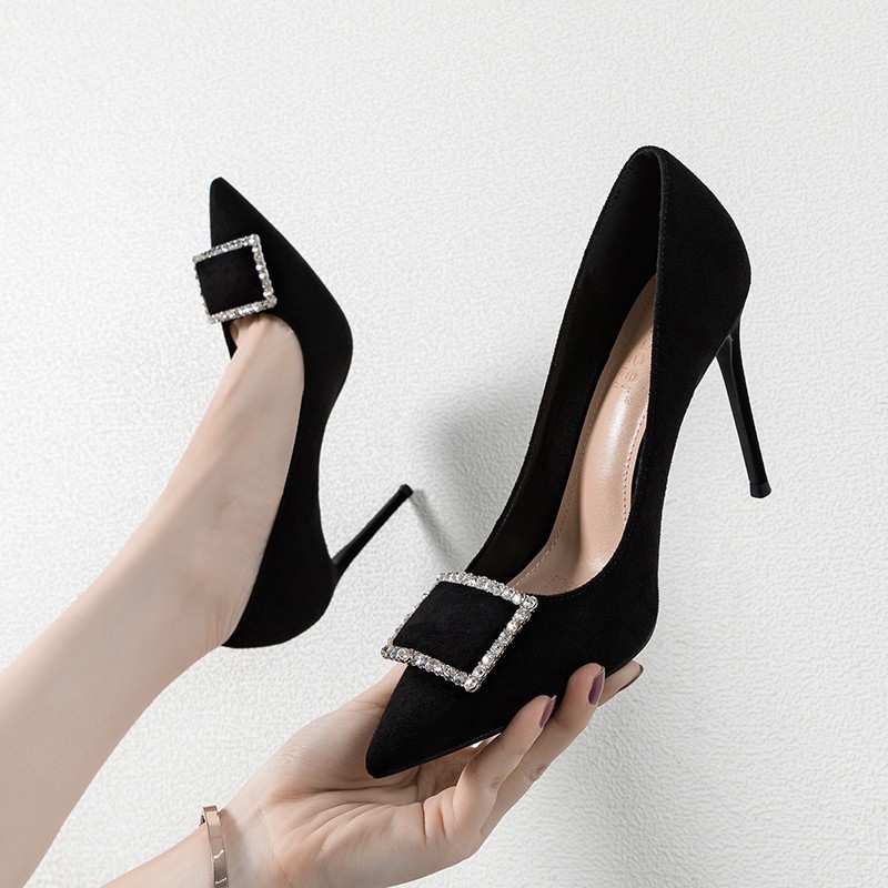 韩版新款单鞋女简约绒面镶钻方扣尖头高跟鞋性感气质细跟单鞋批发