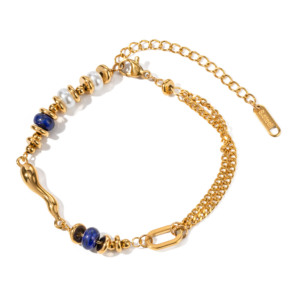 European and American New Online Celebrity Ins Style 18K Stainless Steel Inlaid Pearl with Lapis Lazuli Water Drop Bracelet Ornament Wholesale