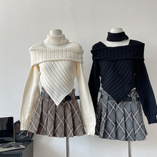 小众设计感挂脖一字领性感毛衣2024冬季新款韩版女高腰格子半身裙