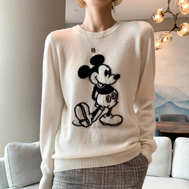 提花圆领小老鼠羊绒衫女卡通米奇图案宽松打底套头毛衣羊毛打底衫