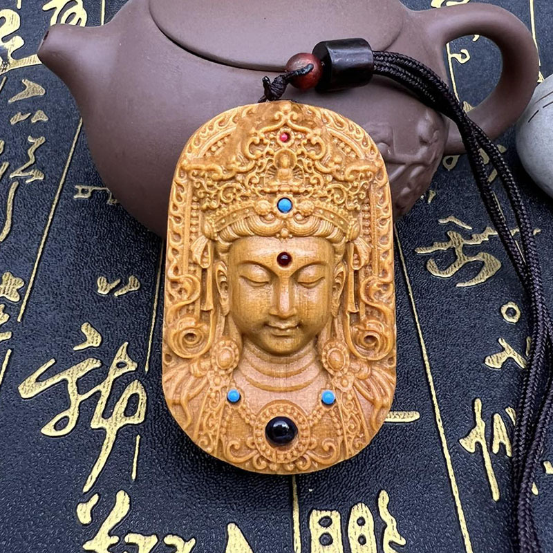 芭比檀香木立体观音吊坠挂件小叶紫檀深雕观世音菩萨佛像红木饰品