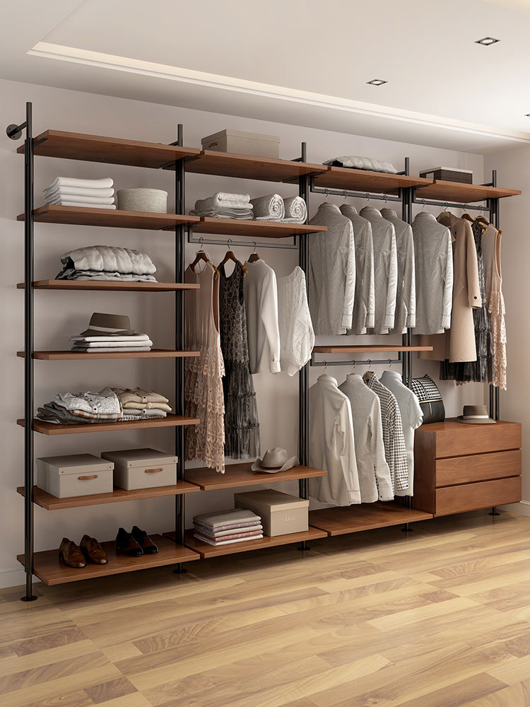 步入开放式衣柜铁艺衣架实木金属衣帽间挂衣杆落地衣服收纳架挂墙