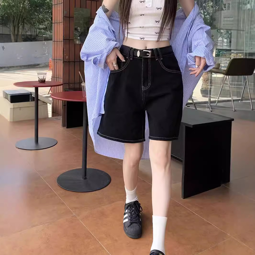 黑色五分直筒牛仔裤高腰宽松显瘦百搭休闲a字阔腿女夏季双线中裤