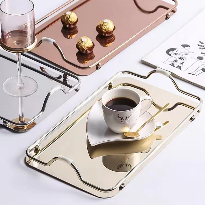 INS Stainless Steel Metal Mirror Tray Rectangular Creative Desktop Water Tea Cup Decoration Storage Organizer Plate