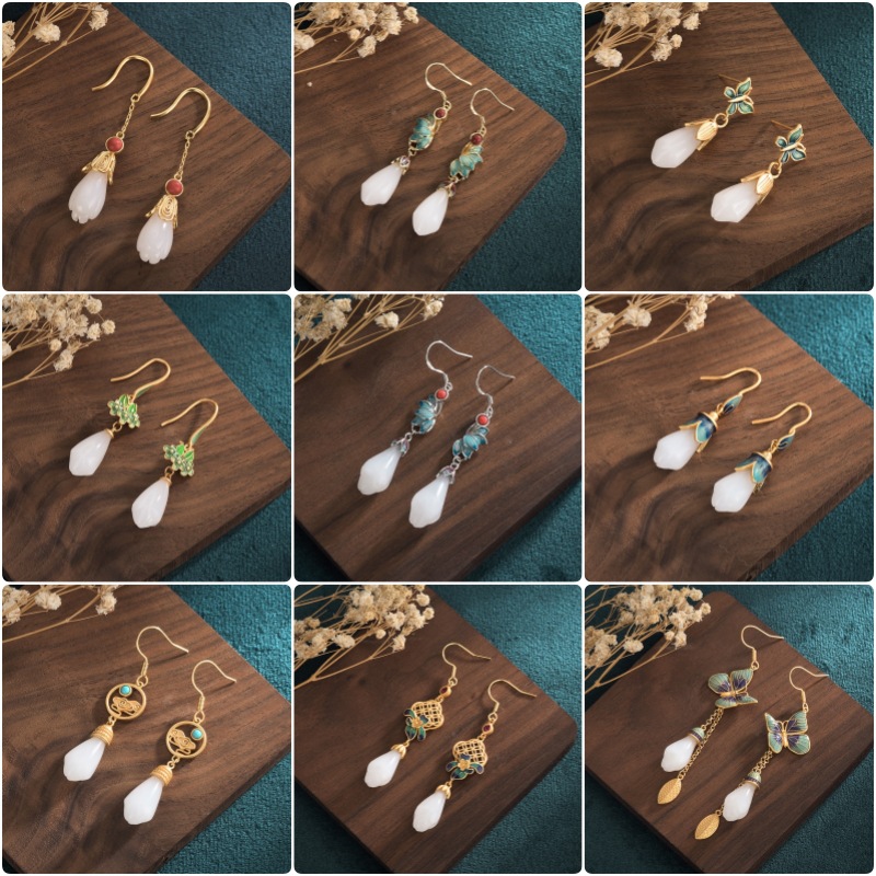 Tiktok Live Streaming on Kwai Chinoiserie Enamel Painted Jade 925 Silver Needle Imitation Hetian Jade Orchid Vintage Earrings