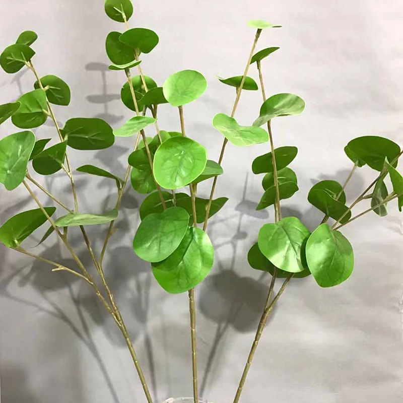 仿真5叉金钱叶尤加利塑胶枝叶婚庆装饰配材圆叶插花花材摆件