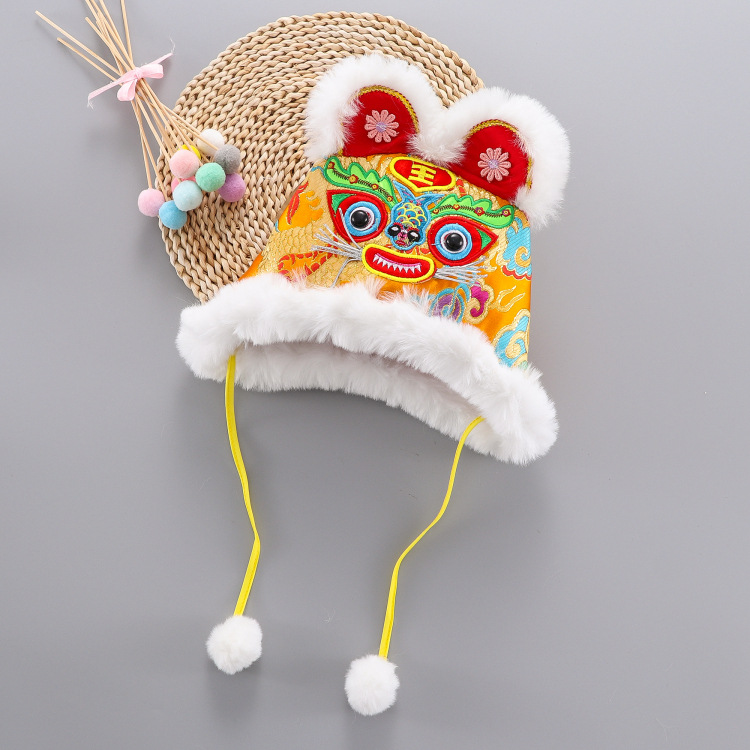新款宝宝儿童虎头帽秋冬缎面冬季老虎头帽子刺绣婴幼儿生日抓周帽