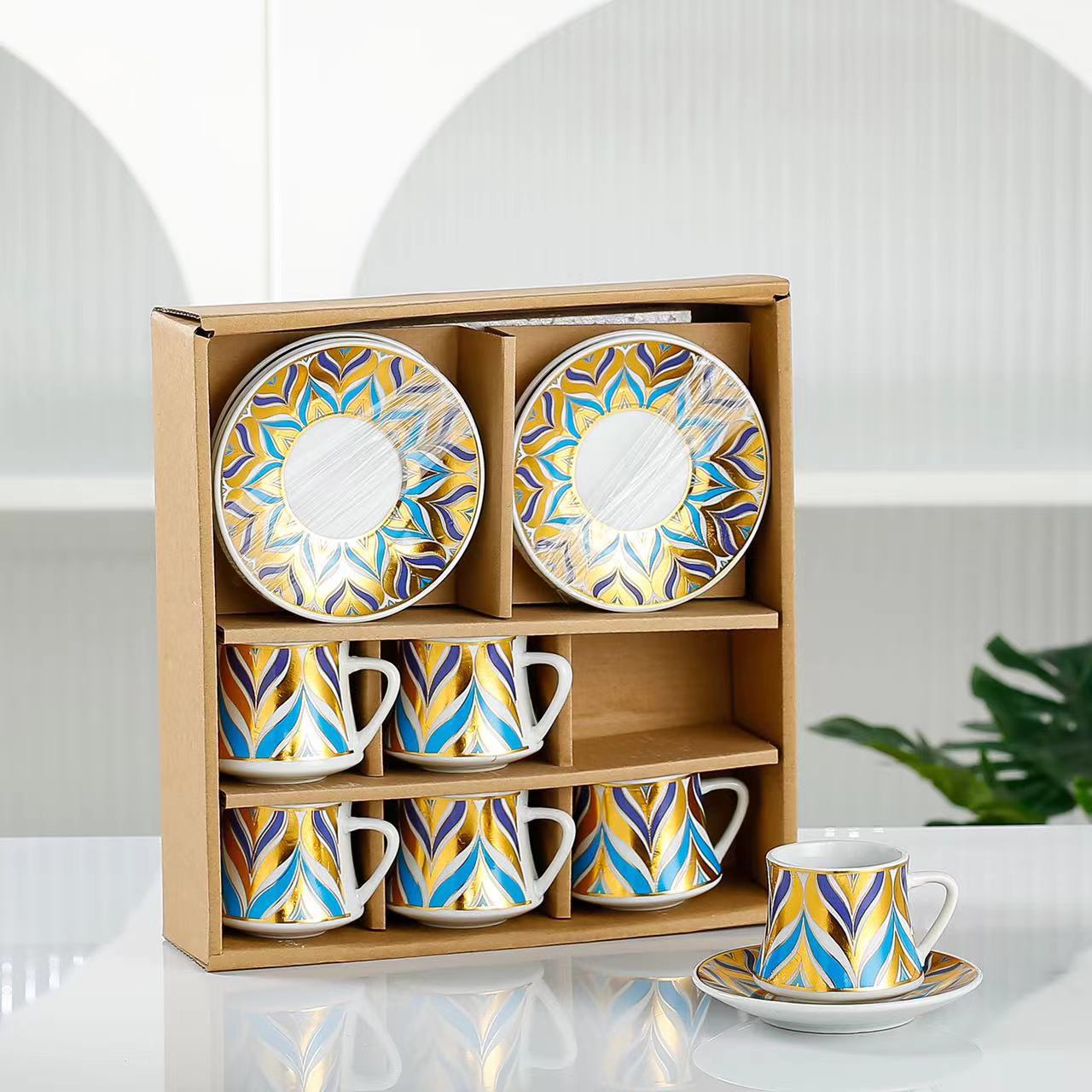 New European-Style Ceramic Coffee Cup Set Cross-Border Middle East Bronzing Coffee Cup 6 Cups 6 Plates Gift Afternoon Tea Cup