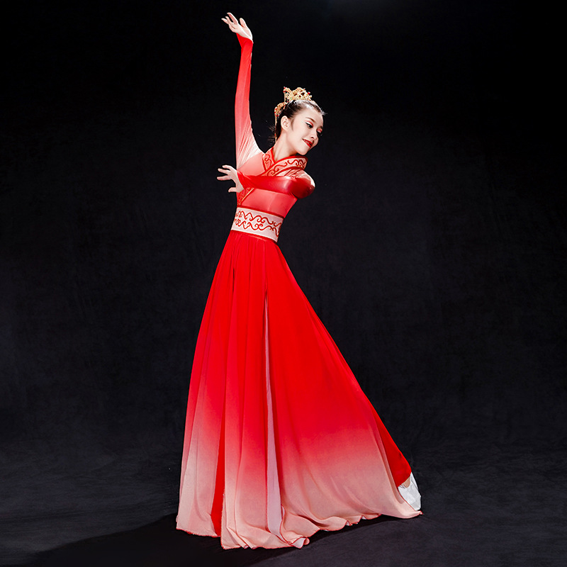 古典舞演出服女飘逸红色舞蹈服装风表演仙女扇子舞汉服风筝误