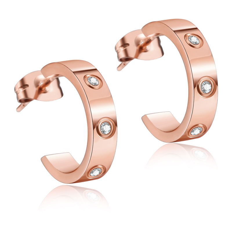 Ka Jia C- Shaped Titanium Steel Earrings Screw Fashion Earrings with Diamond in Stock 18K Color Gold in Stock Open Earrings