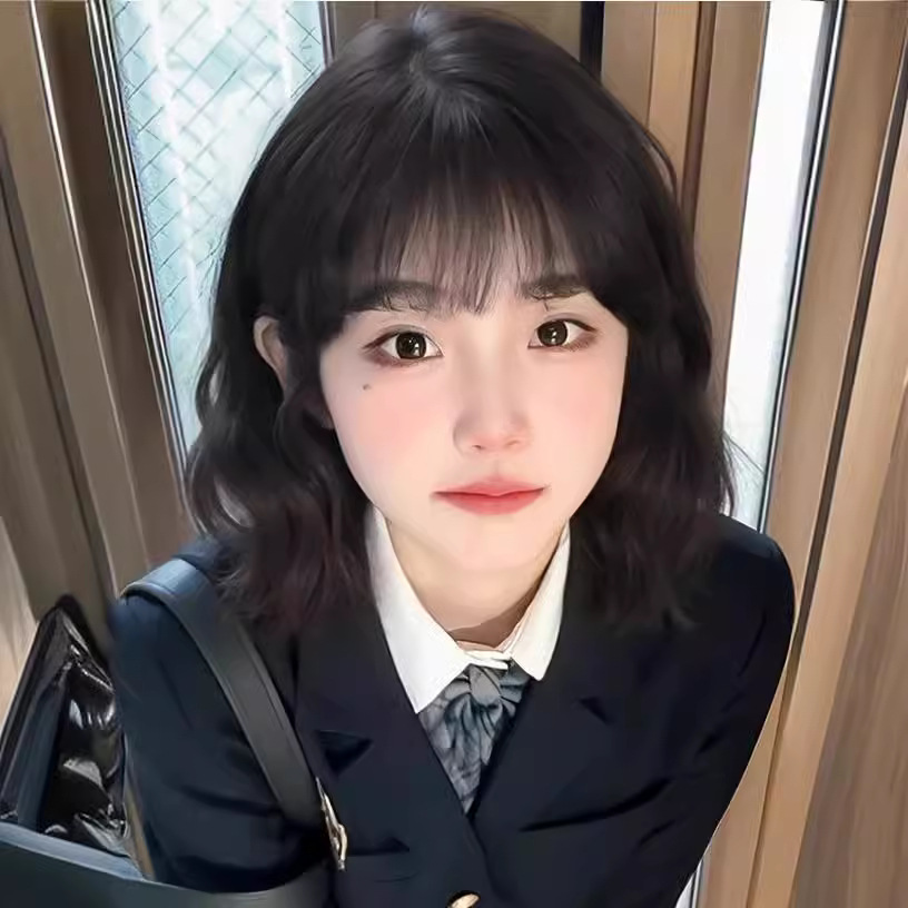 子岑假发女短卷发黑棕色自然仿真甜美羊毛卷空气刘海短发全头套式