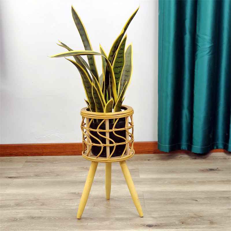 Floor Flower Stand Wooden Legs Floor Flower Stand Woven Flower Pot Living Room Balcony Decoration Flower Basket Straw Woven Floor Flower Stand