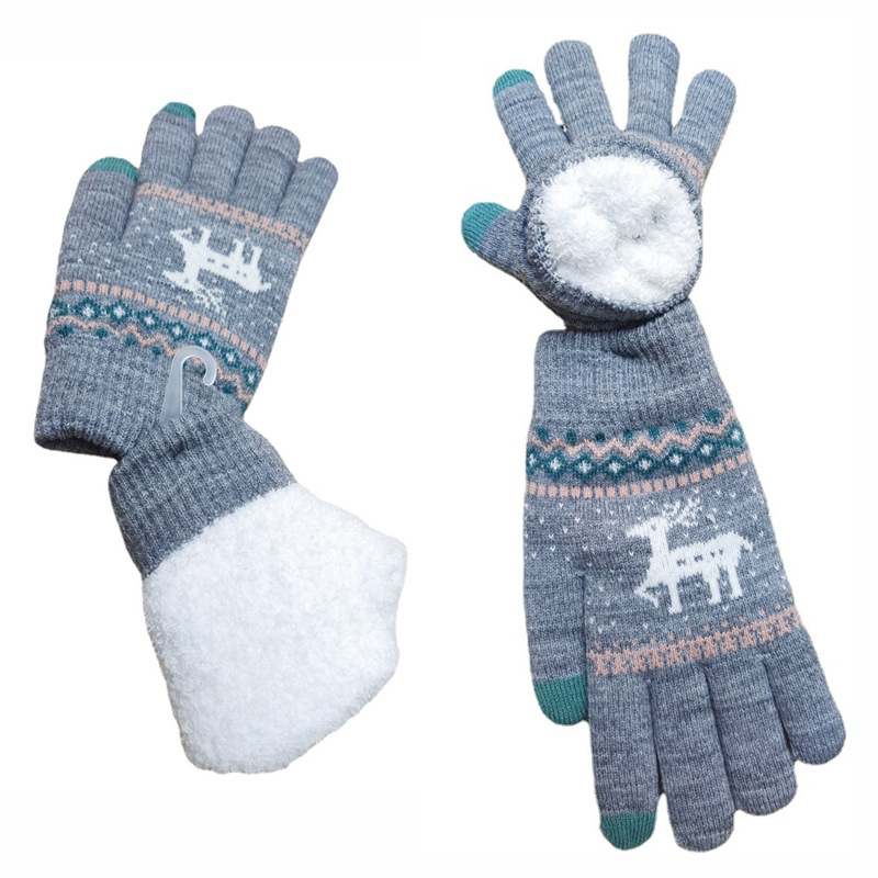 Cross-Border Winter Christmas Deer Knitted Gloves Men's and Women's Thermal Extra Thick with Fleece Double-Layer Cold-Proof Riding Touch Screen Gloves