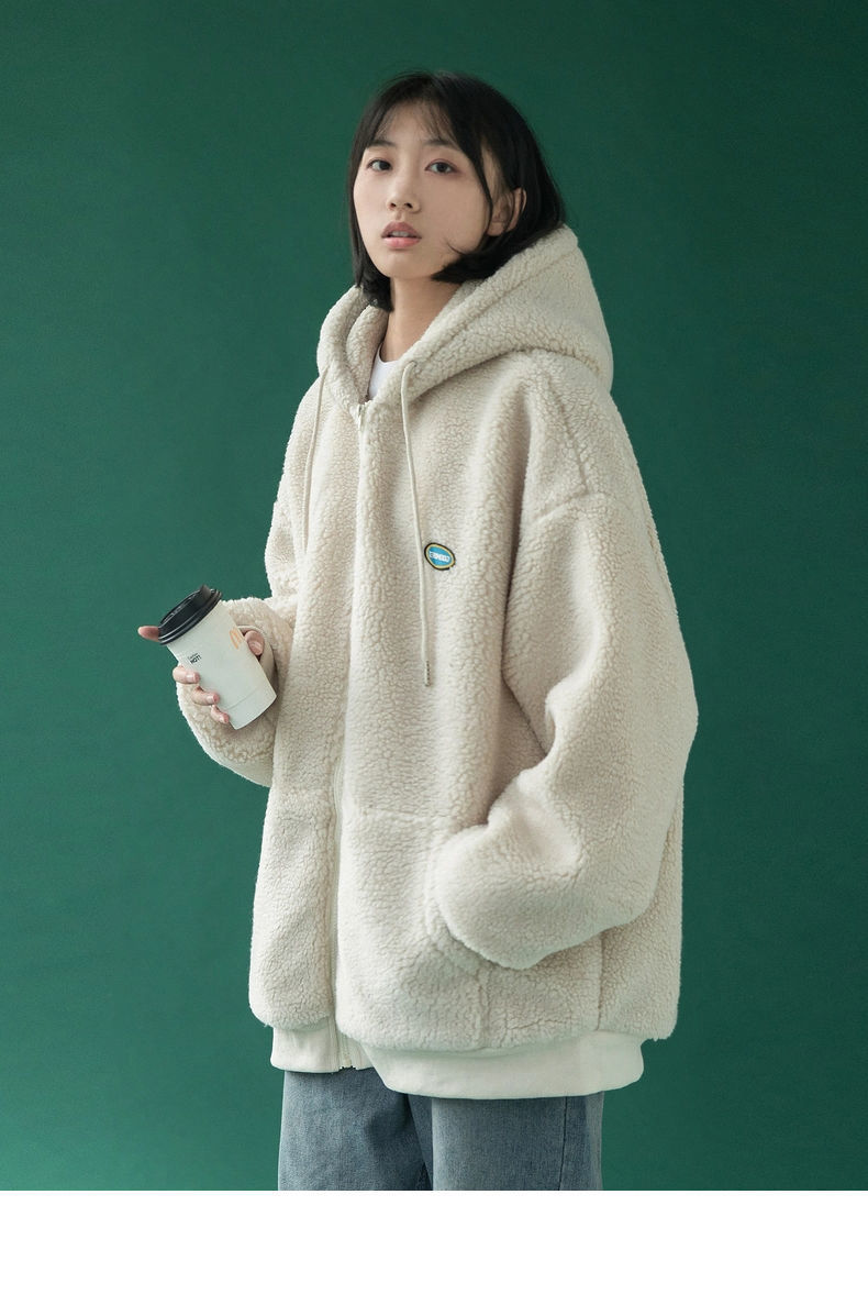 仿羊羔绒外套女秋冬2020年新款韩版宽松百搭连帽加绒摇粒外套女