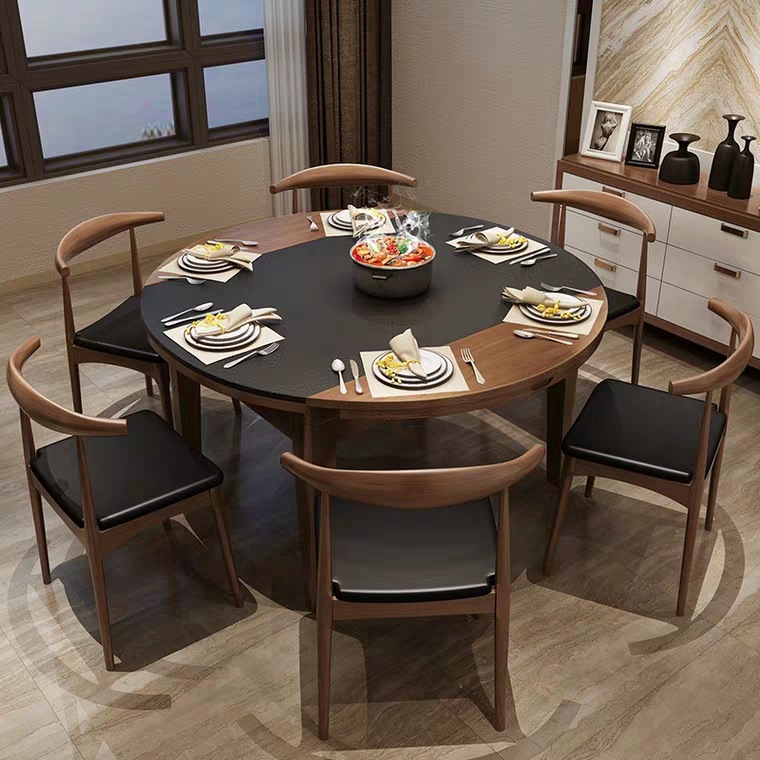 现代客厅实木餐桌 简约餐厅可变形餐桌多人聚餐家庭式圆桌椅组合